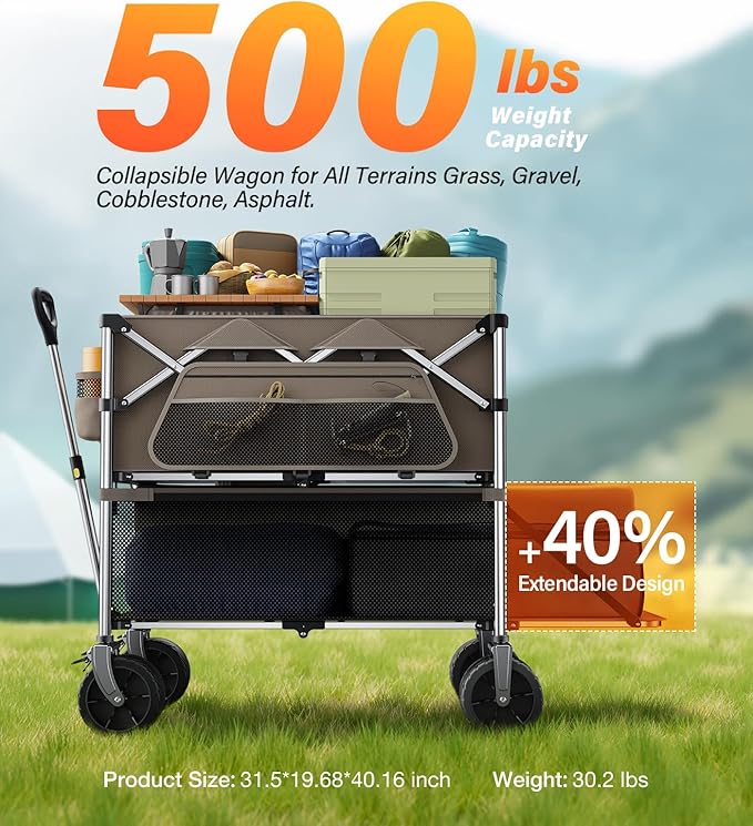 Collapsible Wagon Double Decker,WagonsCarts Foldable,Heavy DutyWagon Camping Sports Garden Grocery,UtilityWagon for All Terrain Brown
