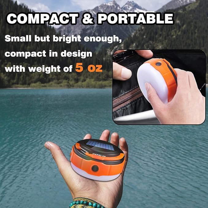 LED Rechargeable Camping Latern -Blue/Orange Solar Power Tent Light with 7 Light Modes, Power Bank, USB Charger Outdoor, Hiking, Home and Powered Emergency Failure Hurricane Hanging (Orange)