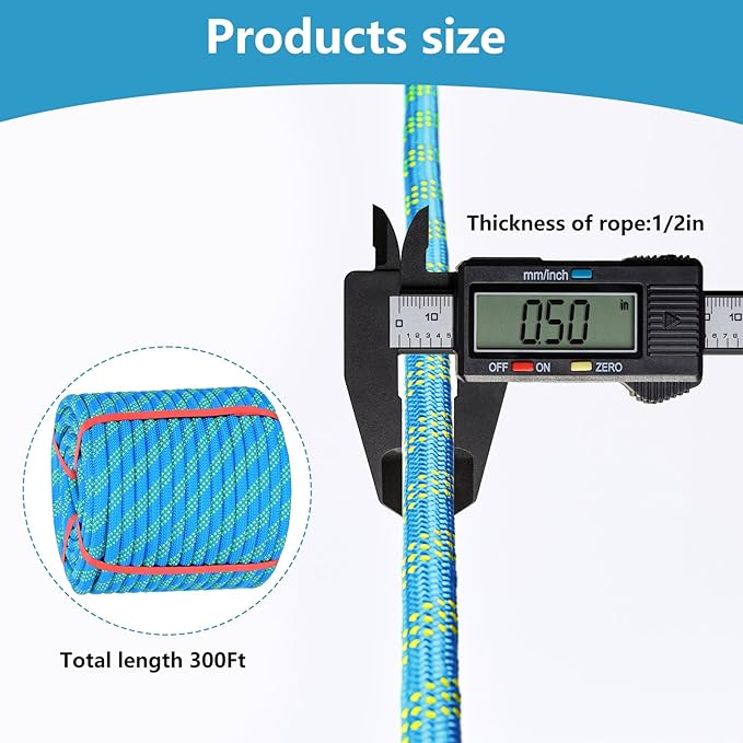 Arborist Rigging Rope - Blue 1/2 in x 300 Ft Static Bull Rope for Climbing Tree Felling Pulling Various Outdoor Applications Construction Swing Sailing