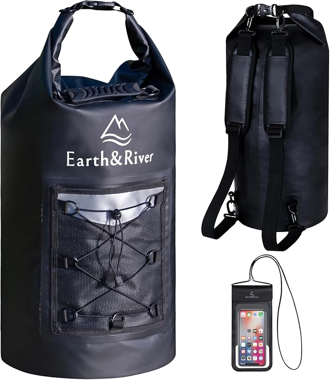 EARTH&RIVER Premium Dry Bag Backpack, Extra Thick, Protection for All Water Activities & Camping, Floating Lightweight Dry Bag with Inside Pocket Storage & IPX8 Waterproof Phone Case (Black, 30L)