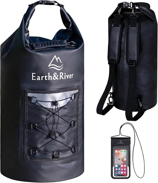 EARTH&RIVER Premium Dry Bag Backpack, Extra Thick, Protection for All Water Activities & Camping, Floating Lightweight Dry Bag with Inside Pocket Storage & IPX8 Waterproof Phone Case (Black, 30L)