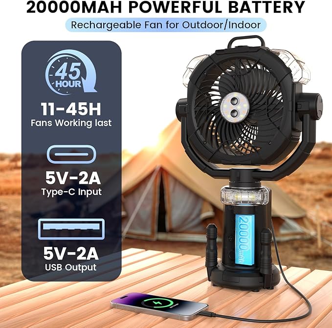 Camping Fan Rechargeable 330ml Portable Misting Fan 20000mah Battery Powered With Led Light Height Adjustable Remote Hook Oscillating Floor Outdoor Fan For Camping Patios, 2 Spray Mister, Black