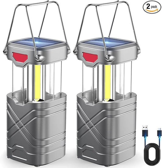 LETMY 2 Pack Camping Lantern, Rechargeable LED Lanterns, Solar Lantern Battery Powered Hurricane Lantern Flashlights with 3 Powered Ways & USB Cable for Emergency, Power Outage, Hurricane Supplies