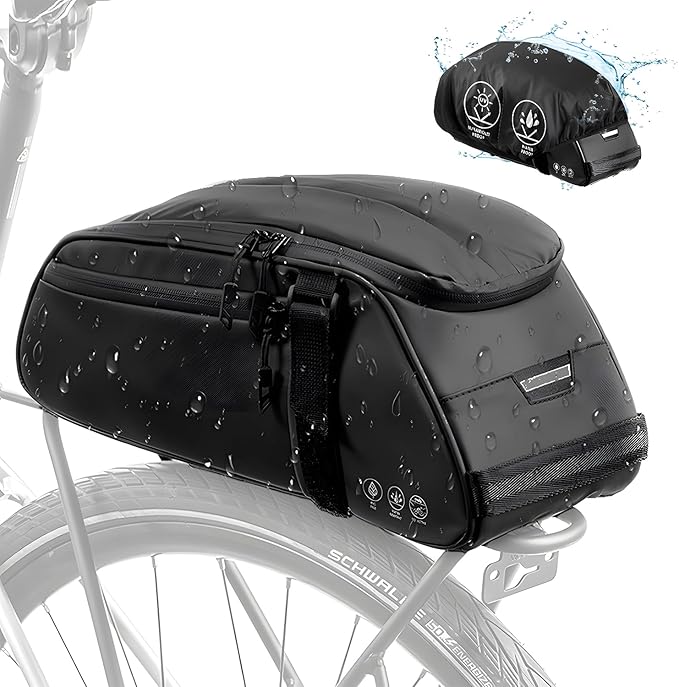 WOTOW Reflective Rear Rack Bag, Water Resistant Bike Saddle Bag Panniers for Bicycles, 8L Trunk Storage Bag, Cycling Back Seat Cargo Carrier Pouch With Shoulder Strap (With Rain Cover)