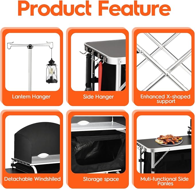 Cmaping KitchenTable, Aluminum Folding Camping Cook Station with Windshield, Upgrade Light Stand, Storage Bag, Quick Installation for Outdoor, Picnic, Cooking