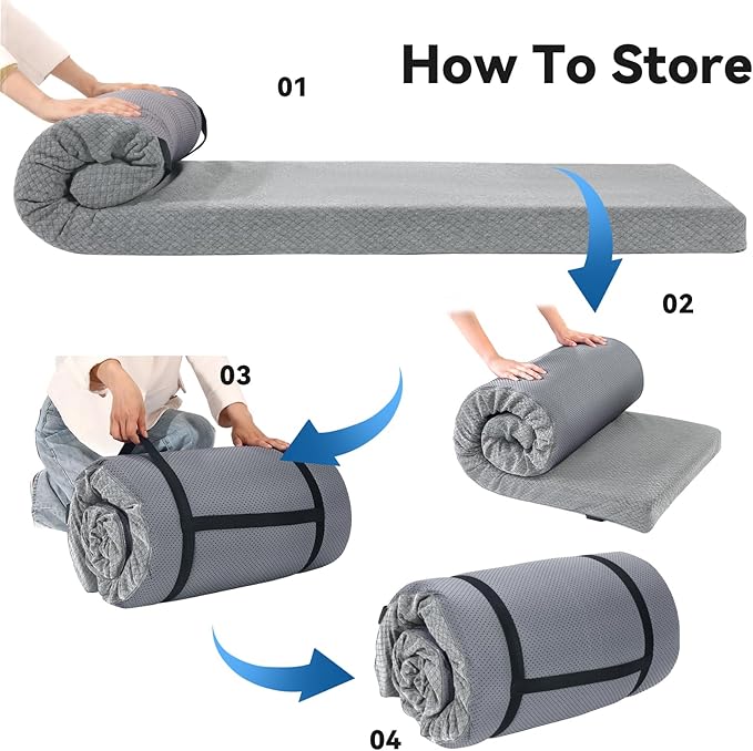 HOMBYS Memory Foam Camping Mattress Pad,Portable Sleeping Pad for Adult,Waterproof Cot Mattress,Roll Up Floor Mattress,Foldable Backpacking Travel Bed for Hiking,Guest Bed