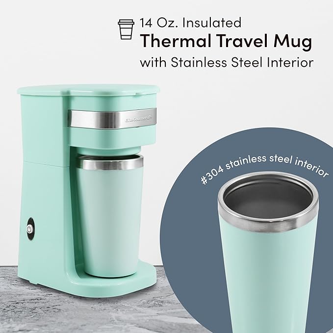 Elite Gourmet EHC113M Personal Single-Serve Compact Coffee Maker Brewer Includes 14Oz. Stainless Steel Interior Thermal Travel Mug, Compatible with Coffee Grounds, Reusable Filter, Mint