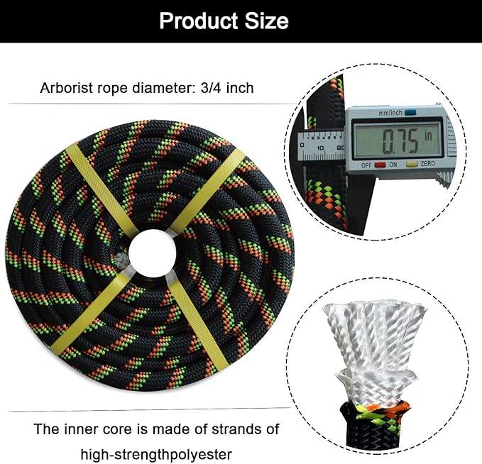 Double Braided Arborist Rope - 3/4 Inch x 50 Feet Polyester High Strength Climbing Rope for Tree Work, Swing, Halyard, Sailing(Black/Green/Orange)