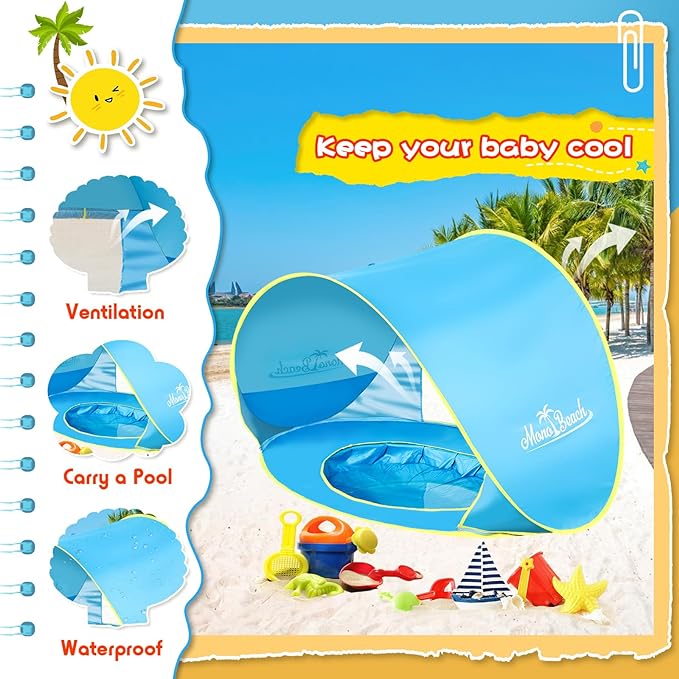 Monobeach Baby Beach Tent with Sand Toys Pop Up Portable Shade Pool UPF50+ UV Protection Sun Shelter for Infant with Easy Set Up Canopy (Blue with Sand Toys)