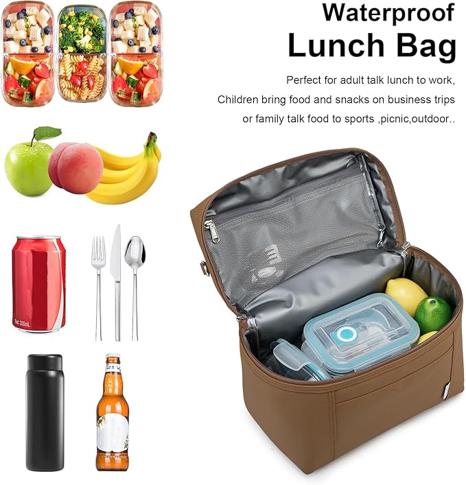 NOL Natural Organic Lifestyle Insulated Lunch Bags for Women Cooler Bag Lightweight Nylon Waterproof Lunch Box For Work (Medium(normal),Brown