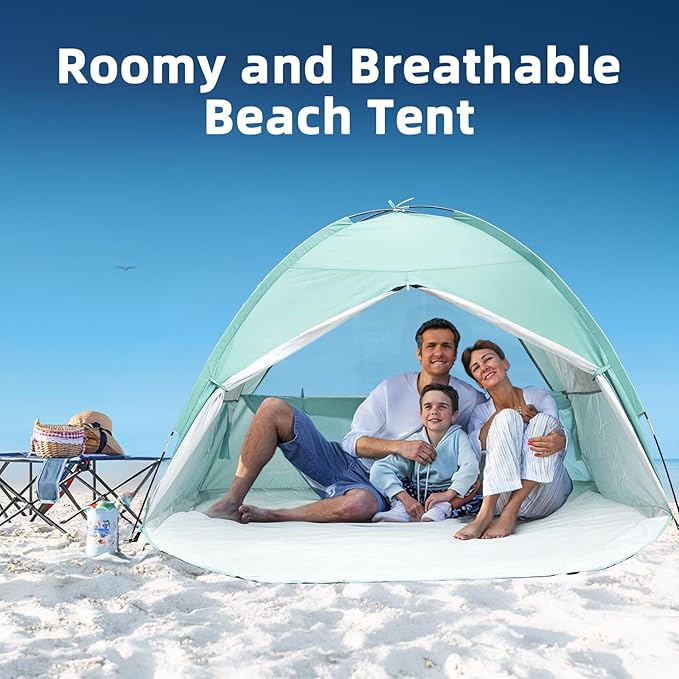Beach Tent for 3-4 Person, Large Easy Setup Beach Shade Canopy with UPF 50＋ UV Protection, Portable Shade Tent with 3 Ventilating Mesh Windows for Outdoor, Picnics, Fishing