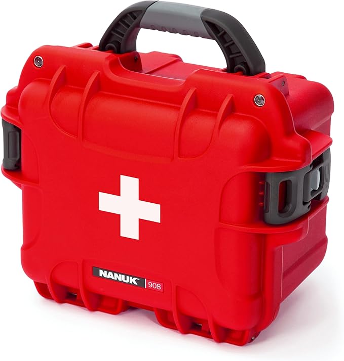 NANUK 908 Waterproof First Aid Box Empty – Durable, Medical First Aid Organizer Case, IP67-Rated, Dustproof, Impact-Resistant, and Floats (7.4" x 4.9" x 3.1") – Red