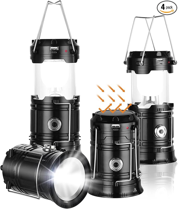 Solar Camping Lantern for Power Outages - USB Rechargeable Lamp Camping Essentials，Collapsible Waterproof Solar Lights for Indoor Outdoor Emergency Light/4 Packs