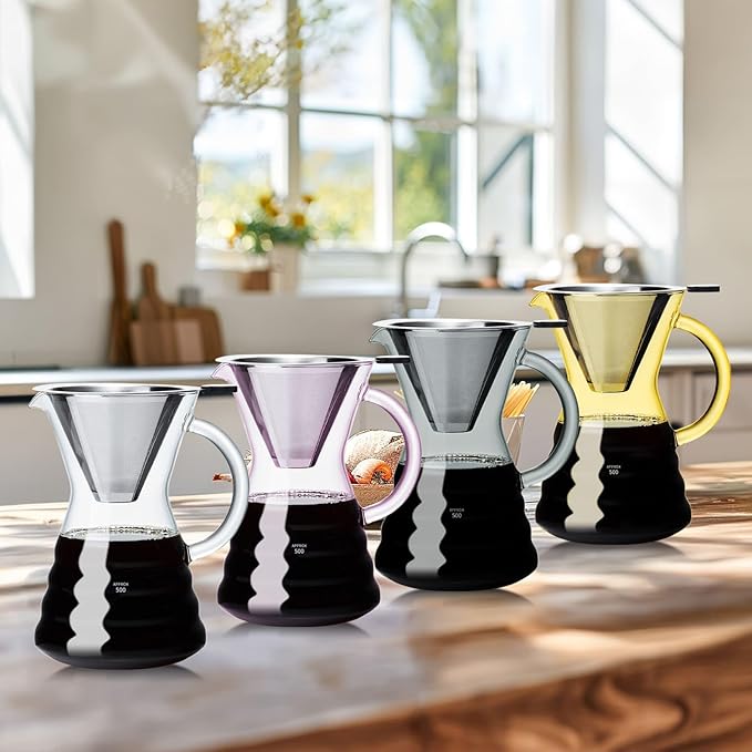 Unbreakable - Pour Over Coffee Maker with Permanent Stainless Filter 27 fl oz, Thickened Heat-Resistant Borosilicate Glass Dripper Coffee Brewer, Stovetop Safe, Yellow
