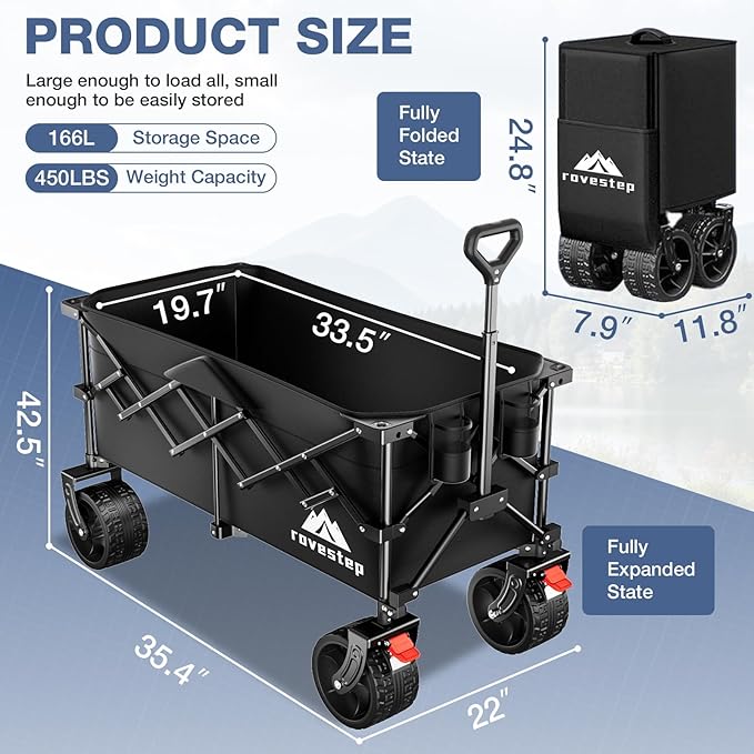 Heavy Duty Collapsible Beach Wagon with Big Wheels – All-Terrain Foldable Utility Cart, 166L Capacity, 450lbs Load Folding Wagon for Sand, for Outdoor, Gardening, Camping, Sports, and Grocery