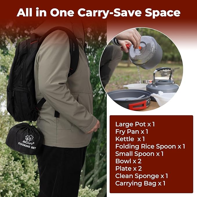 Bulin 24/13/11/8/4 PCS Camping Cookware Mess Kit Lightweight Backpacking Cooking Set Outdoor Cook Gear for Family Hiking, Picnic(Kettle, Pot, Frying Pan, Bowls, Plates, Spoon)