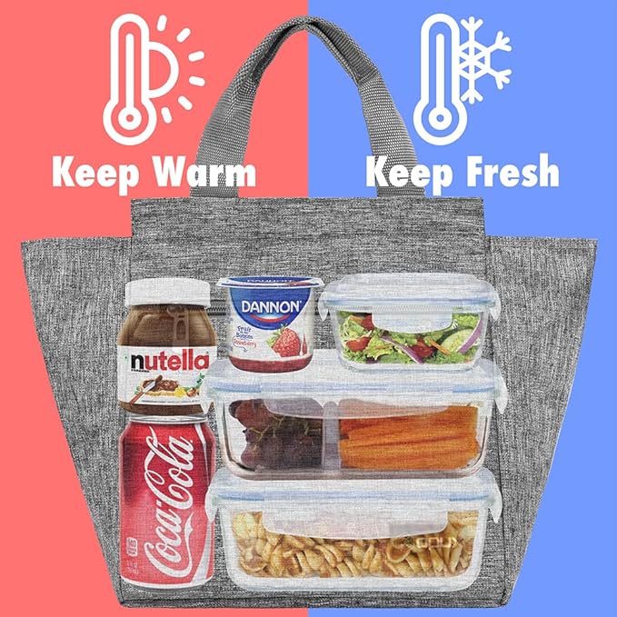 opux Lunch Bag for Women, Insulated Lunch Box Tote for Girls Kids Adult School Work, Reusable Womens Lunch Tote for Office Travel, Cute Small Lunch Tote, Fits 12 Cans - Heather Gray