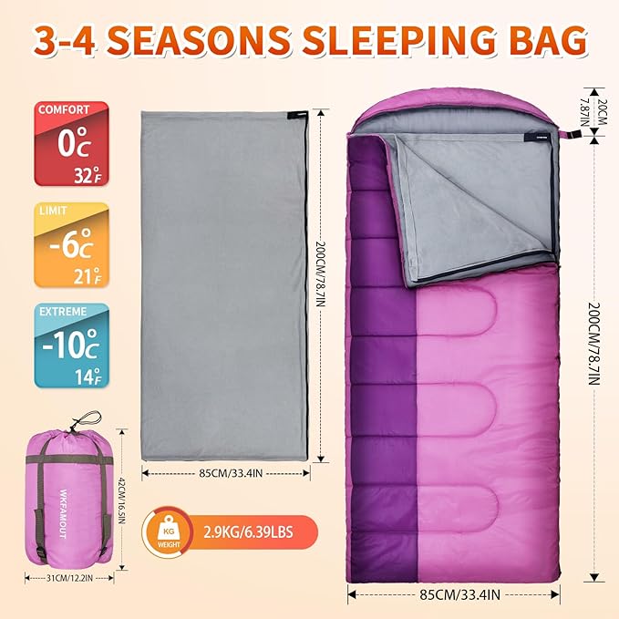 XL 10 Degree Sleeping Bags Waterproof for Adults 350GSM Machine Washable with Compression Sack for 3-4 Season Camping Outdoor