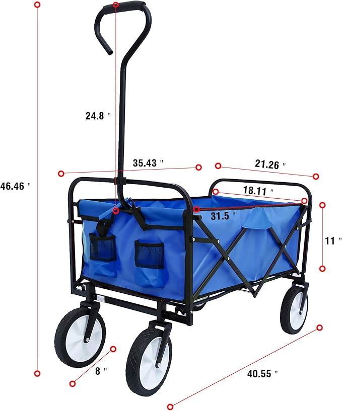 Collapsible Folding Wagon Garden Shopping Beach Cart,Heavy Duty Utility Buggy with Big Wheels,Adjustable Handle and Cup Holder,for Sand,Camping,Outdoor,40.55",Blue