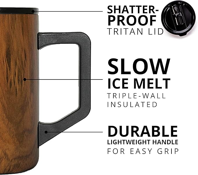 Elemental Insulated Coffee Mug - Triple-Wall Stainless Steel Summit Travel Cup for Hot and Cold Drinks - Thermal Coffee Mug with Lid and Handle for Camping, Office & Travel 16oz - Teakwood
