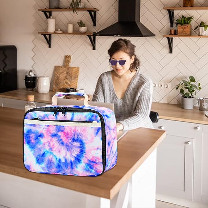 Kids Lunch Box Boys Girls Insulated Lunch Cooler Bag Reusable Lunch Tote Kit for School Travel (Tie-dye blue)