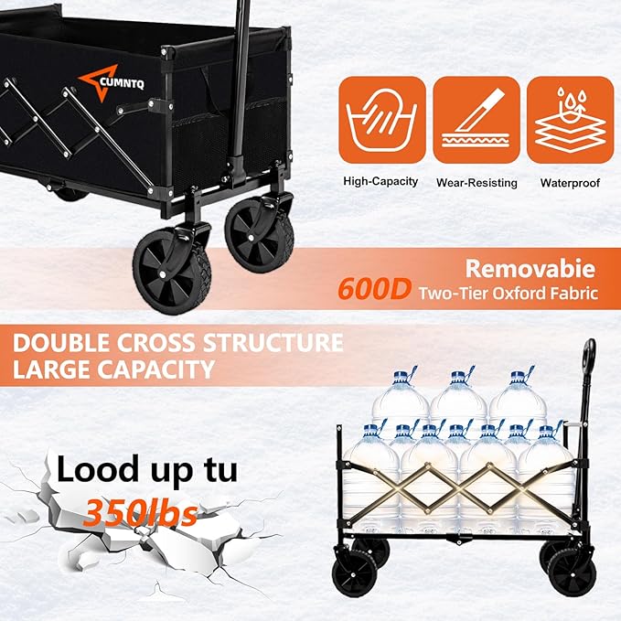 Collapsible Folding Wagon, 350lb Weight Capacity Collapsible Wagon with All-Terrain Wheels, Cup Holders and Adjustable Handle Utility Wagons, for Grocery Camping Garden Sports Shopping, Black