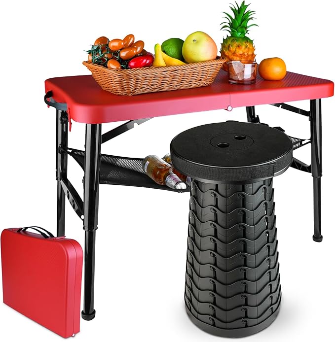 Portable Folding Table and Stool Set, Lightweight Foldable Table & Collapsible Stool for Camping Picnic Beach Fishing, Sturdy Small Outdoor Set with Mesh Layer Storage