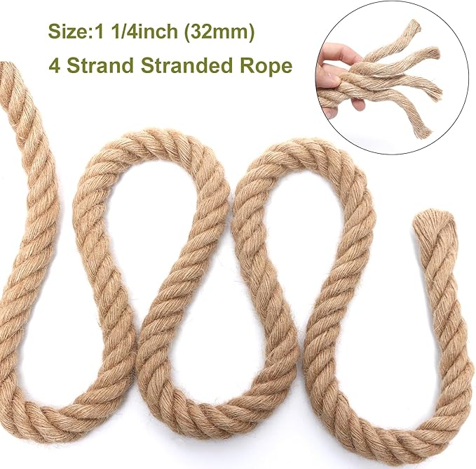 Rope 1 1/4 Inch 50 Feet Jute Rope, Heavy Duty Jute Rope,Natural Hemp Rope, Twisted Hemp Rope for Crafts, Gardening, Bundling,Hammock, Nautical, Tug of War, Railings, Home Decorating