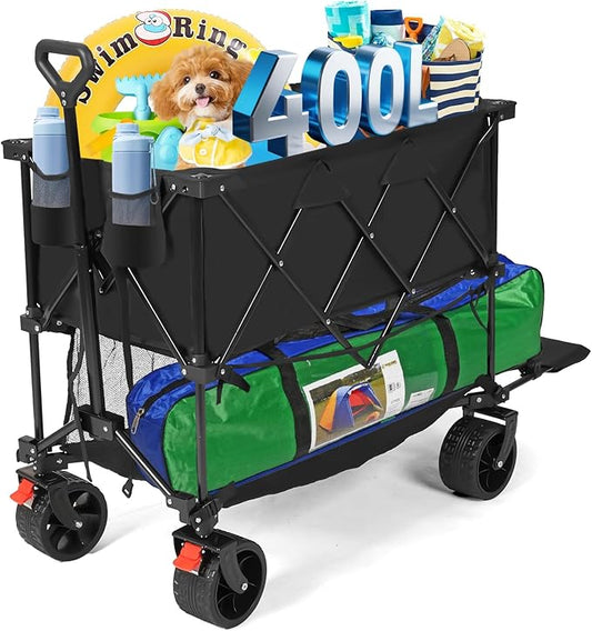 Heavy Duty Collapsible Beach Wagon Cart - 600LBS Capacity Pro-Grade Folding Utility Cart with Extra-Wide All-Terrain Wheels, Locking Brakes Wagon for Camping, Stadium Gear, Beach Transport, Groceries