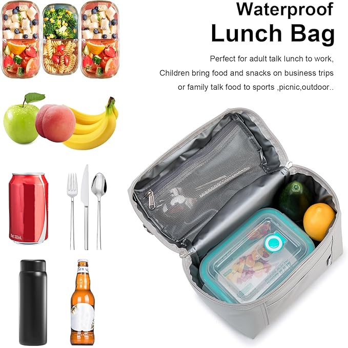 NOL Natural Organic Lifestyle Insulated Lunch Bags for Women Cooler Bag Lightweight Nylon Waterproof Lunch Box For Work (Gray White, Medium(normal))