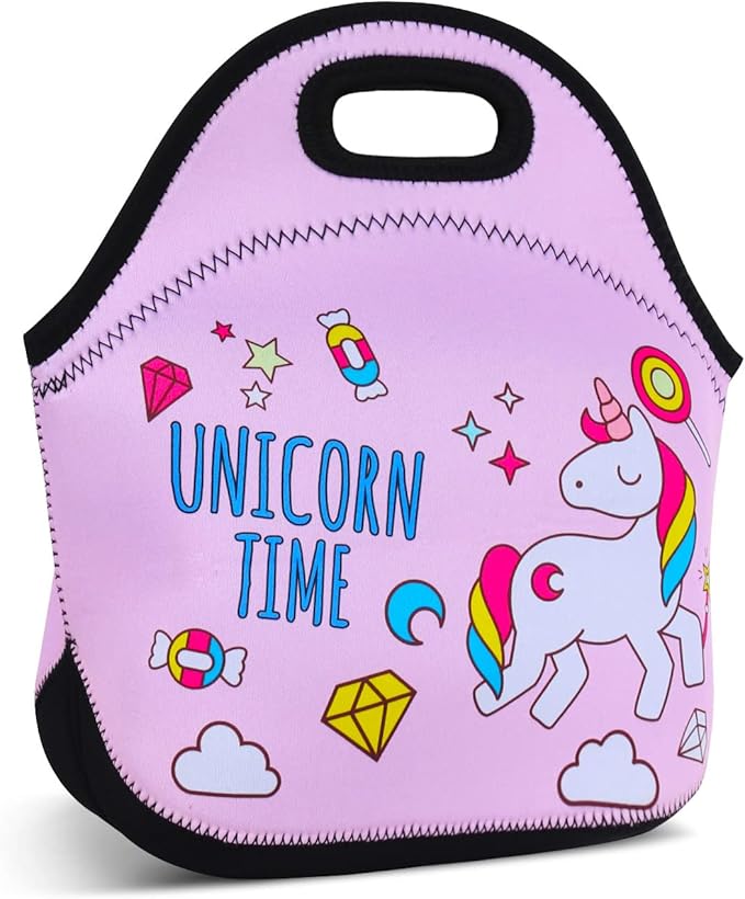 Violet Mist Unicorn Pink Neoprene Lunch Bag Cute Insulated Reusable Lunch Box Thermal Lunch Bags Tote Waterproof Thick Lunch Handbag with Zipper Thanksgiving Christmas Gifts Work Picnic
