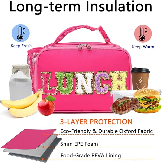 Insulated Lunch Box for School, Thermal Reusable Durable Freezable Lunch Bags for Kids Boys Girls Men Women - Small Soft Cooler Portable Lunch Tote Kit for Work Picnic Travel,Rose Red Alphabet