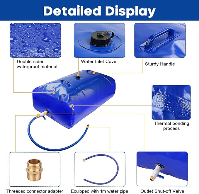 TooTaci 240L/63.4Gal Water Storage Bladder Containers, Portable Water Tank with Hose and 3/4" Adapters, Foldable Reservoir for Emergency, Garden Watering, Drought Resistance, RV Trips