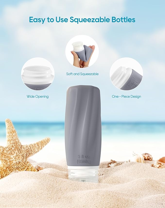 Morfone Travel Bottles for Toiletries, 3oz Tsa Approved Travel Size Containers Leak Proof Squeezable Travel Accessories Refillable for Shampoo Conditioner Lotion Liquids(White Grey)