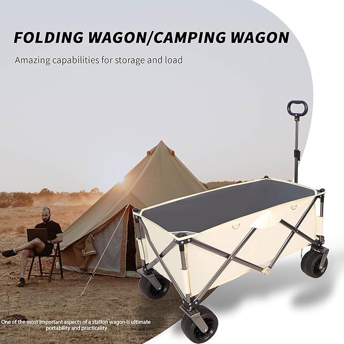 Collapsible Folding Wagon with Big Wheels,Heavy Duty Utility Beach Buggy Cart w/Adjustable Handle and Drink Holder,for Sand,Shopping,Camping,Garden,Outdoor,44.9",White