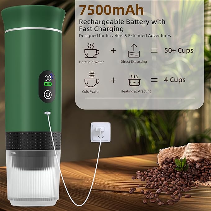 Portable Coffee Maker for Travel & Camping, Portable Espresso Maker for Travel, Rechargeable Cordless Battery Operated Coffee Makers for Ground Coffee, NS Capsule RV, Hiking, Office(Green)