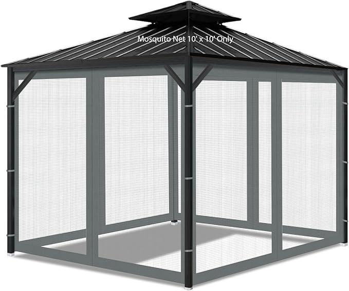 Gazebo Universal Replacement Mosquito Netting, 10' x 10' Outdoor Mesh Netting Screen 4-Panel Sidewall with Zipper for Patio, Canopy, Garden and Backyard, Gray(Mosquito Net Only)
