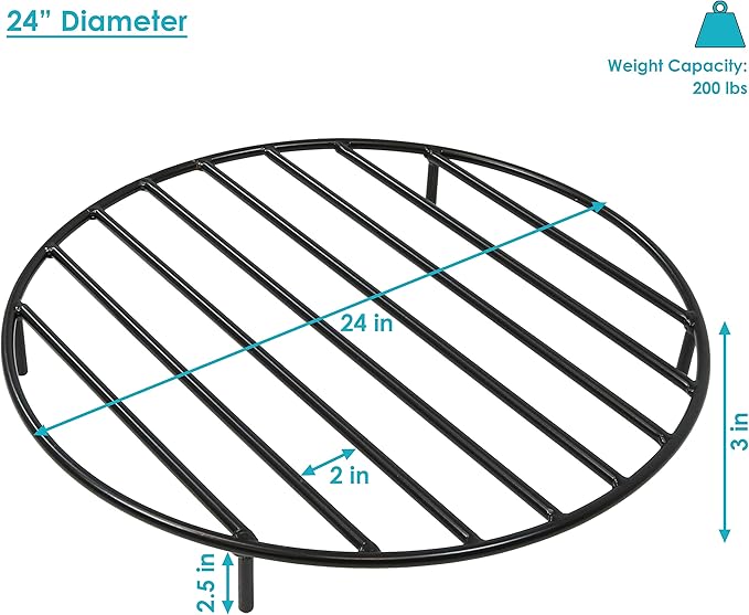 Sunnydaze 24-Inch Round Heavy-Duty Steel Fire Pit Grate - for Outdoor Firepits - Black