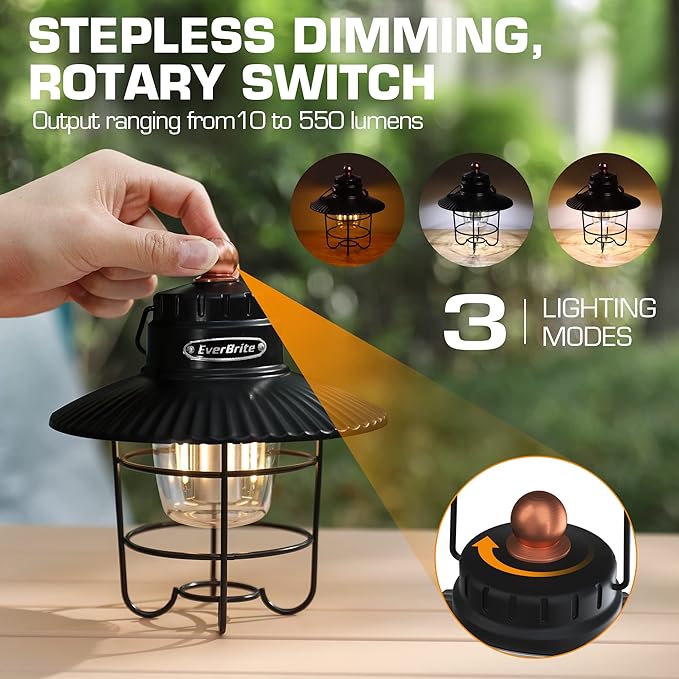 EverBrite LED Camping Lantern Pack of 2, USB C Rechargeable Lantern with 3 Light Modes, Vintage Outdoor Lanterns with Power Bank Function for Power Outages, Hurricane, Emergency, Fishing