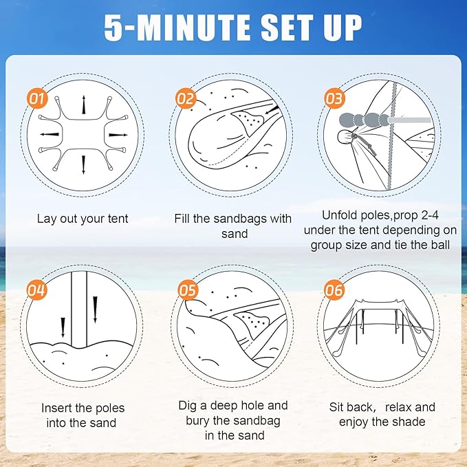 Beach Tent,10x10ft Sun Shelter UPF50+ Includes 8 Sandbags and Ground Pegs-2 Sand Shovel-4 Aluminum Poles-Carrying Bag,Beach Canopy for Camping Trips,Fishing,Backyard Fun or Picnics.