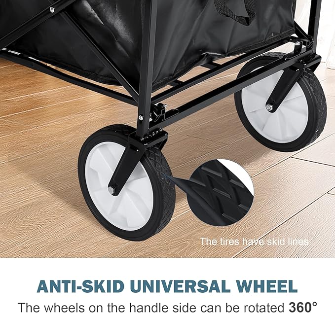 Heavy Duty Portable Folding Wagon and Collapsible Aluminum Alloy Table Combo Utility Outdoor Camping Cart with Universal Anti-slip Wheels & Adjustable Handle along with Metal Board Desktop, Black