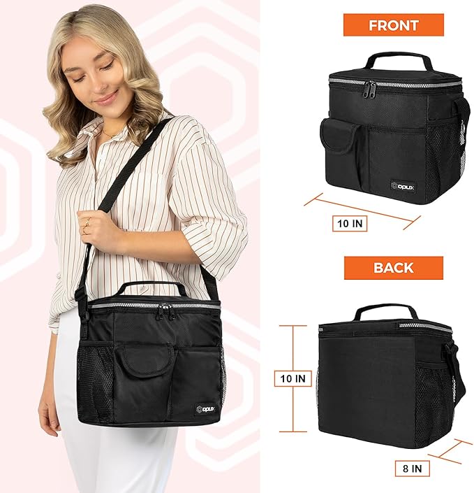 opux Insulated Lunch Bag for Men Women, Leakproof Black Lunch Box for Work, Portable Soft Lunch Cooler Bag with Shoulder Strap, Adult Lunchbox Lunch Pail for Kid Boy Girl School, 18 Can/10L