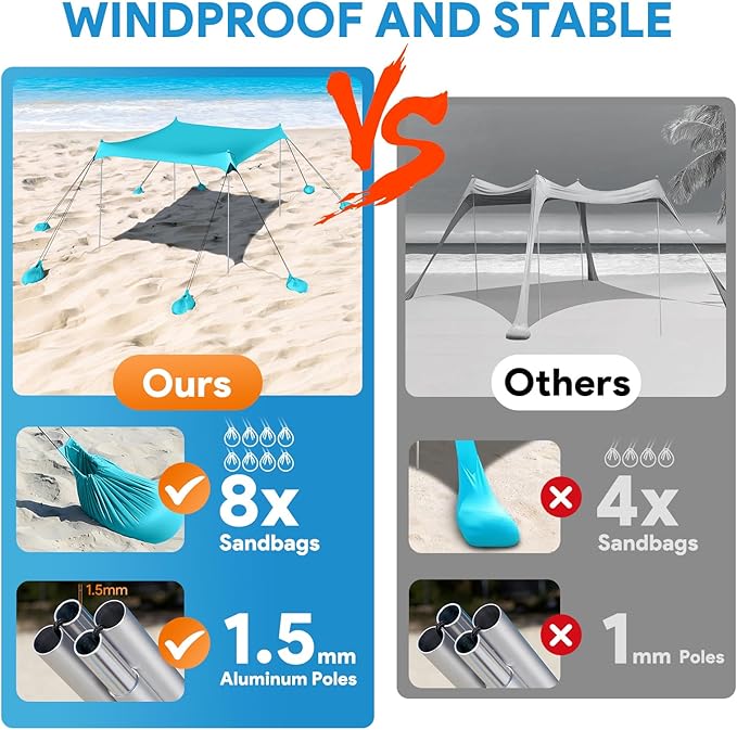 Beach Tent Sun Shelter, UPF50+ Beach Tent Canopy with 8 Sandbags & 4 Stability Poles, 10 x 10 FT Beach Canopy Tent Sun Shade, Outdoor Beach Tent for Beach Camping Fishing, Light Blue