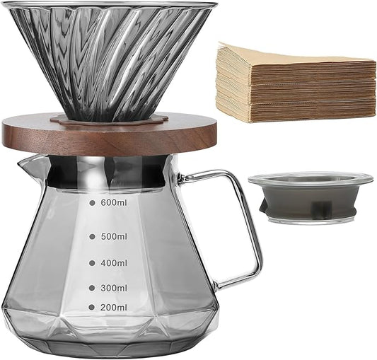 Pour Over Coffee Maker, 20 oz Borosilicate Glass Carafe with 100 pcs V60 Paper Filter, Walnut Handle & Glass Lid, Drip Coffee Maker for Home Café Restaurant Camping, 600 ml, Gray