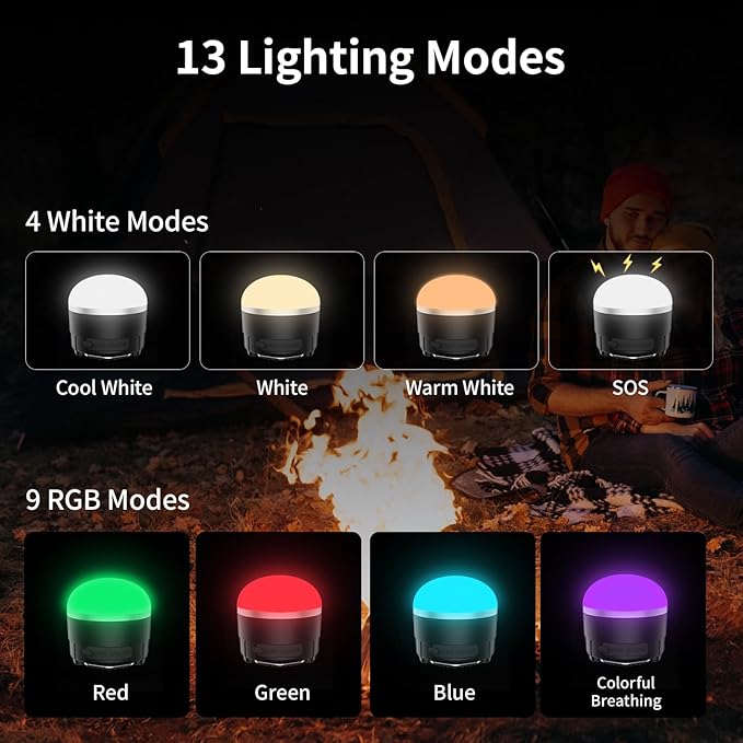 RGB LED Camping Lights Rechargeable - Tent Light with 13 Lighting Modes & Power Bank, IP65 Ultra Waterproof Dustproof Tent Lantern, Portable Tent Lights for Camping Hiking Fishing Emergency Outage