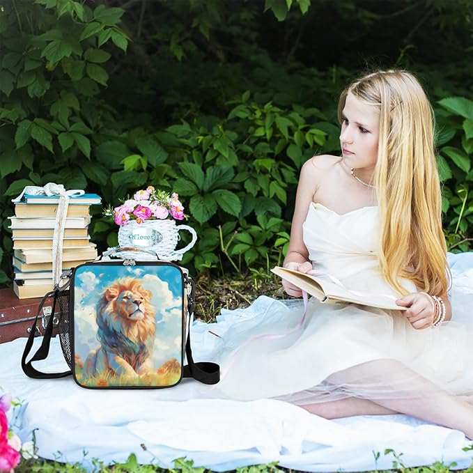 Animal Lunch Box for Kids, Watercolor Lion Grassland Lunch Bag for Boys Girls, Reusable Insulated Waterproof Lunch Box with Adjustable Shoulder Strap Thermal Cooler Tote Bag for School Daycare Picnic