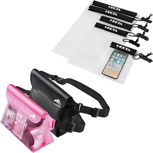 HEETA 2-Pack Waterproof Pouch with Waist Strap, Transparent Screen Touchable Dry Bag Bundled with 5-Pack Clear Waterproof Dry Bag, Water Tight Cases Pouch Dry Bags