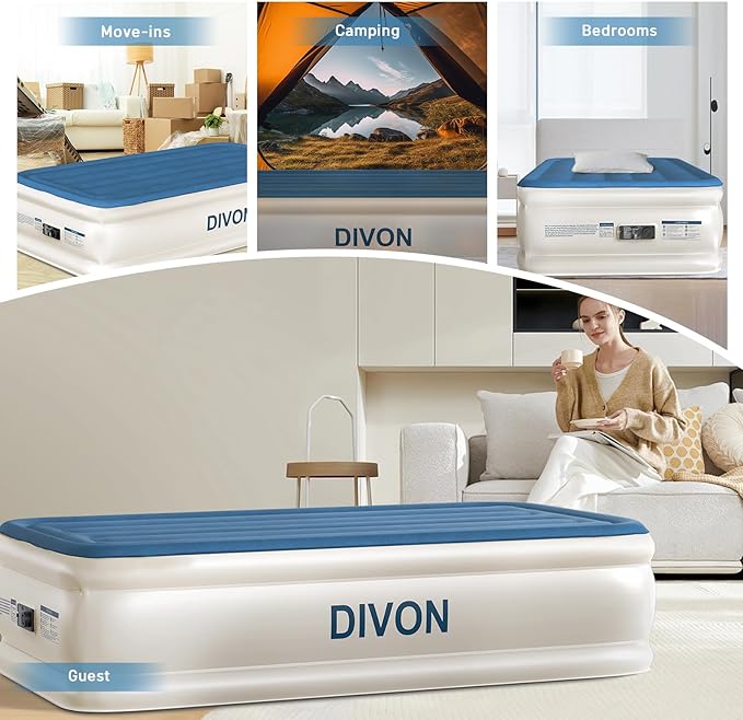 DIVON Twin Air Mattress with Built in Pump Raised,18”Single Inflatable Mattress in 2 Mins,Foldable Blow Up Mattress,Portable Twin Size Air Mattress for Camping,Travel&Floor,Air Bed for Adults,330lbs