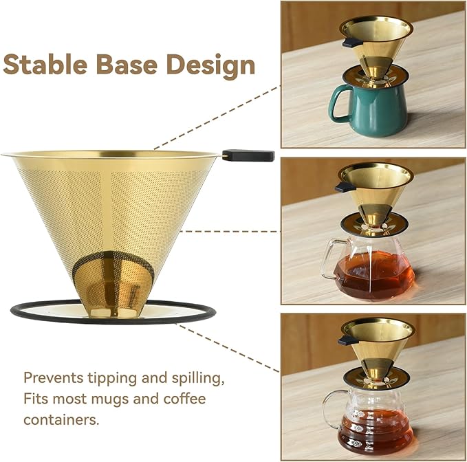 Pour Over Coffee Dripper Filter: Reusable Stainless Steel Coffee Filters - Metal Cone Filter Paperless Single Cup Coffee Maker 1-4 Cup with Double Mesh & Non-slip Cup Stand Gold
