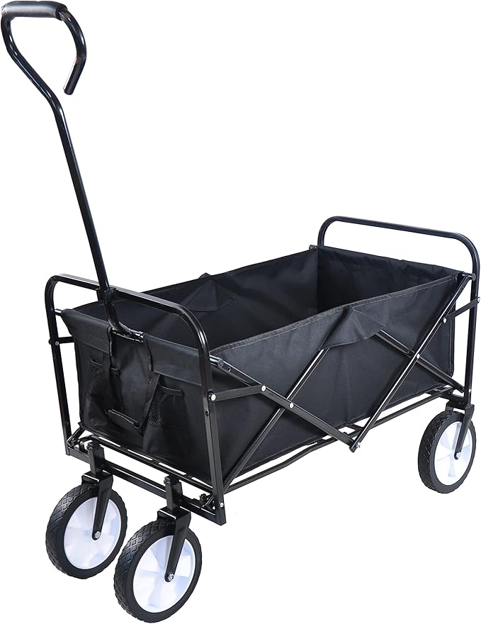Collapsible Folding Wagon Garden Beach Cart,Heavy Duty Utility Buggy with Big Wheels,Adjustable Handle and 2 Cup Holders,for Sand,Camping,Garden,Outdoor,39.37",Black